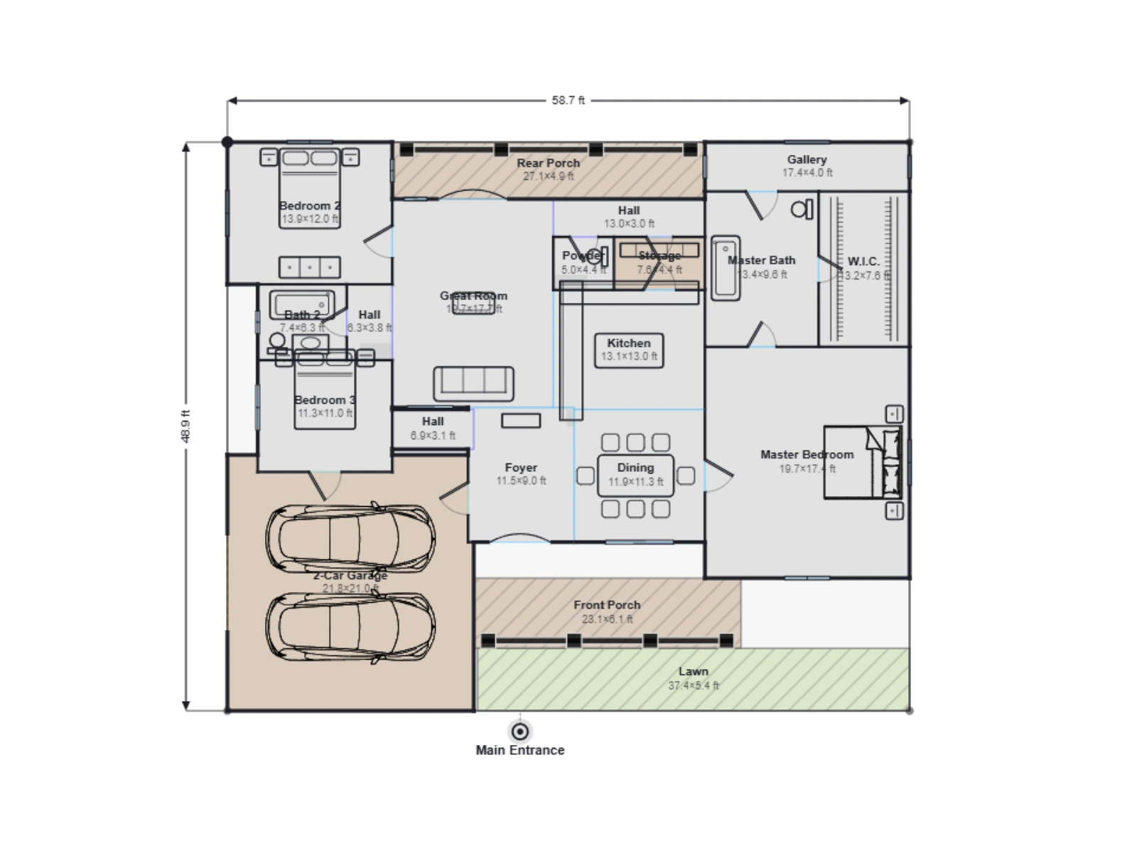 AI-generated 3-bedroom house floor plan